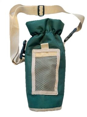 Green Canvas Bottle Carrier Bag Sling Tan Strap Pocket Water Golf Hiking Camping
